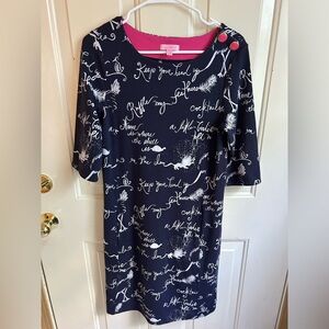 Women Lilly Pulitzer Navy Blue Ruffle My Feather Script Print  Dress Size M